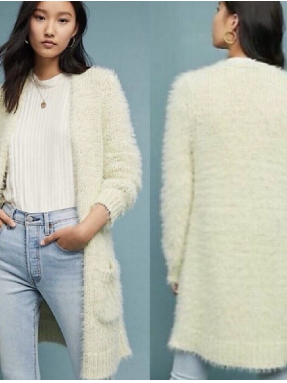 Meadow Rue by Anthropologie Cozy Whittier Open Cardigan Sweater- Light Green